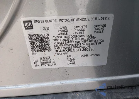 2026 Chevrolet Equinox Awd Lt z USA, uszkodzony, nr VIN 3GNAXPEG6TL260996